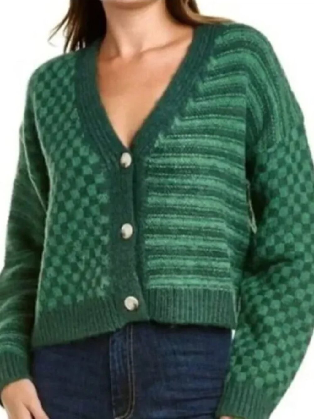 RAGA Anthropologie Emerald City Cardigan Green Vneck Button Checkered Stripes 1X